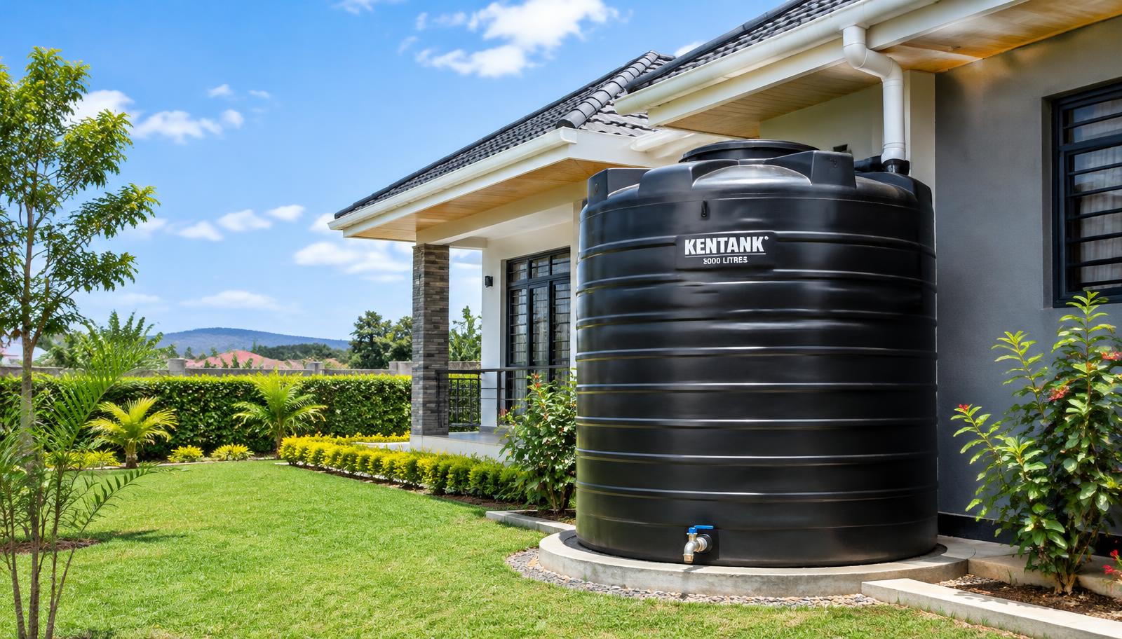 Roto water tank beside a home